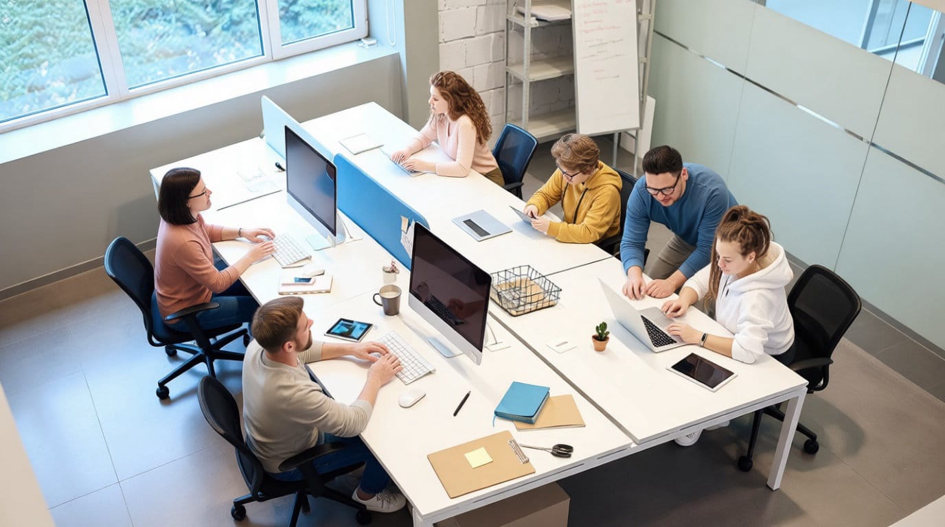 Overhead shot of a diverse team collaborating in a modern open-plan office, working on computers and laptops, including one assisting another.